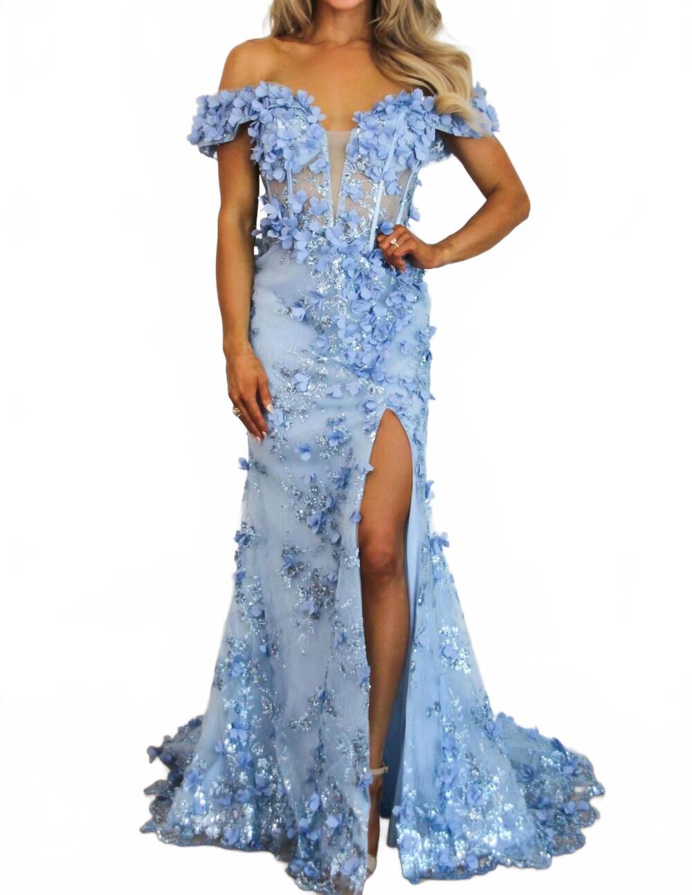 NEW CINDERELLA DIVINE liliana floral applique formal dress in periwinkle blue